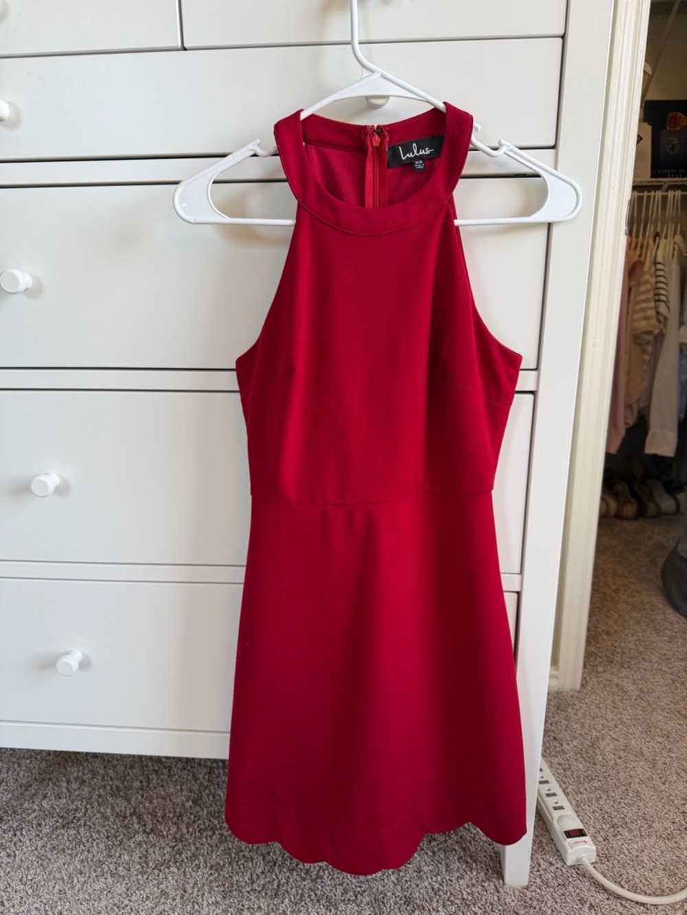 Lulu's Crimson Scallop-Hem High-Neck Mini Dress